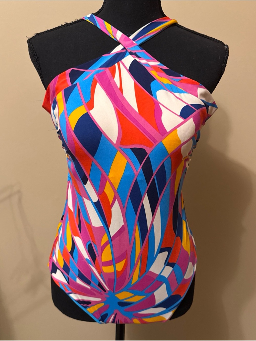 Trina Turk Reversal Vibrant Pink, Blue & Yellow Crisscross Halter One-Piece
